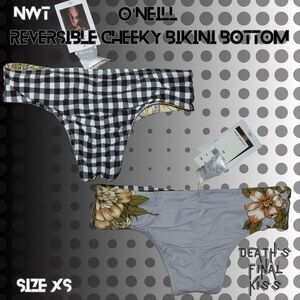 O'Neill Black White Gingham Check Grey Floral Reversible Cheeky Bikini Bottom XS